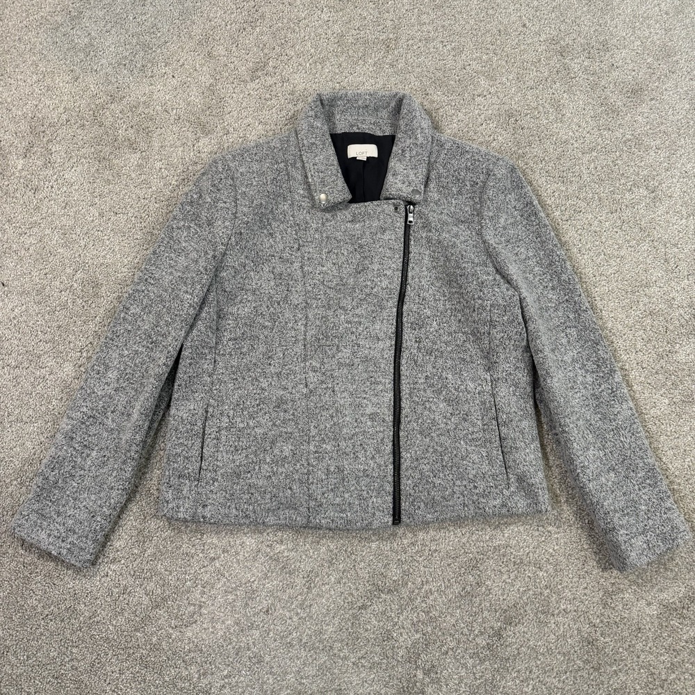 LOFT Asymmetrical Zip Jacket XL Gray Moto Style Wool Look Lightweight‎ Coat